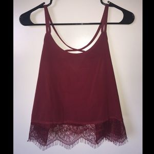 Zaful Strappy Chiffon Lace Trim Top - Burgundy Red